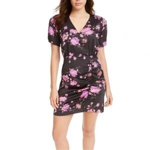 LEYDEN women’s black floral Glitz & Glam surplice ruched mini dress size medium